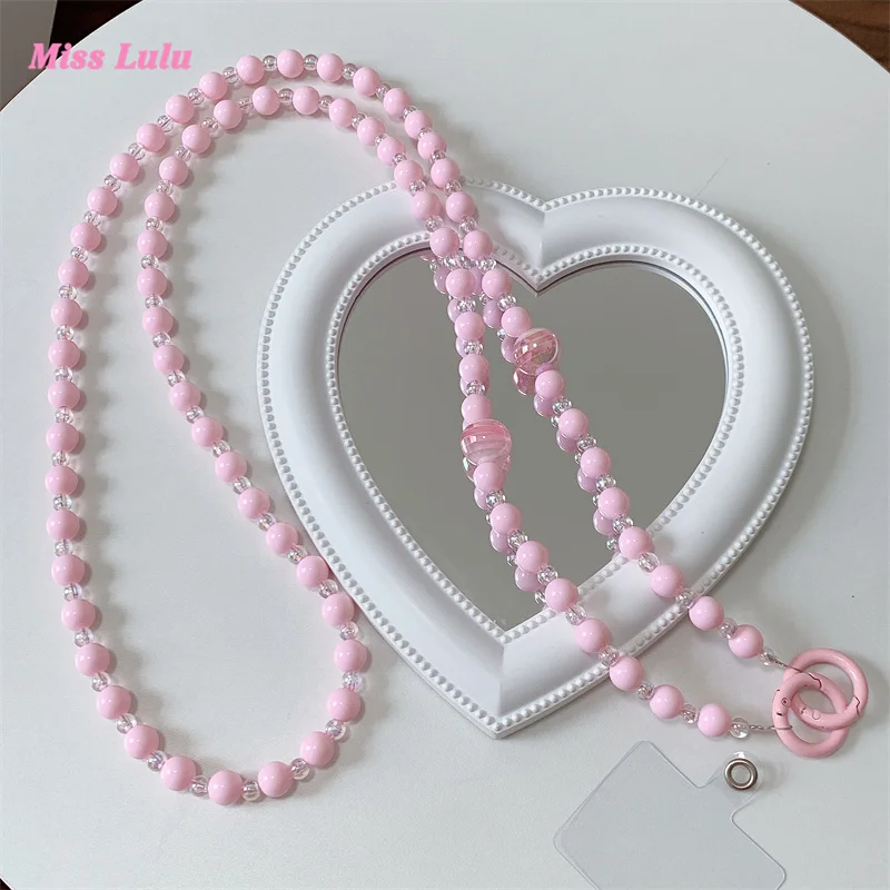 Cute Heart Love Beads Hanging Long Chain Phone Strap Colorful Bowknot Lanyard Woman Girl Bag Camera Pendant for Airpods Cases