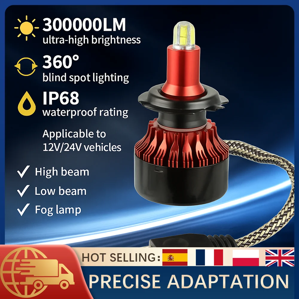 

Светодиодная лампа для фар H7, 4 стороны, 360 ° 6500K Белый комплект HID 300000LM с охлаждением вентилятора IP68 Преобразование противотуманных фар Универсальная лампа высокой мощности