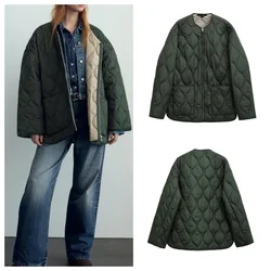 New casual lightweight zipper cotton jacket for women loose rhombus round neck warm cotton jacket