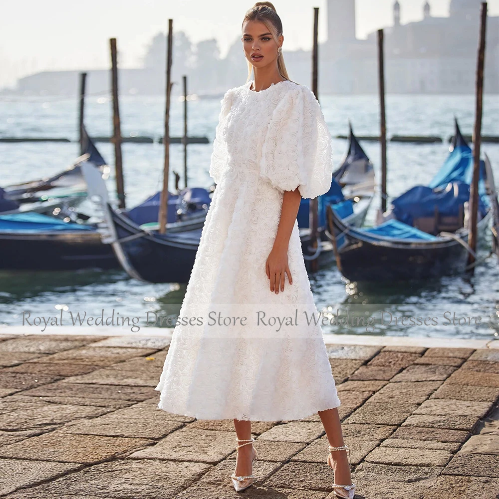 Elegant Civil Wedding Dresses White Chiffon Handmade Flower Wedding Party A-line O-Neck Midi Dresses 2024 Bride Gowns for Women