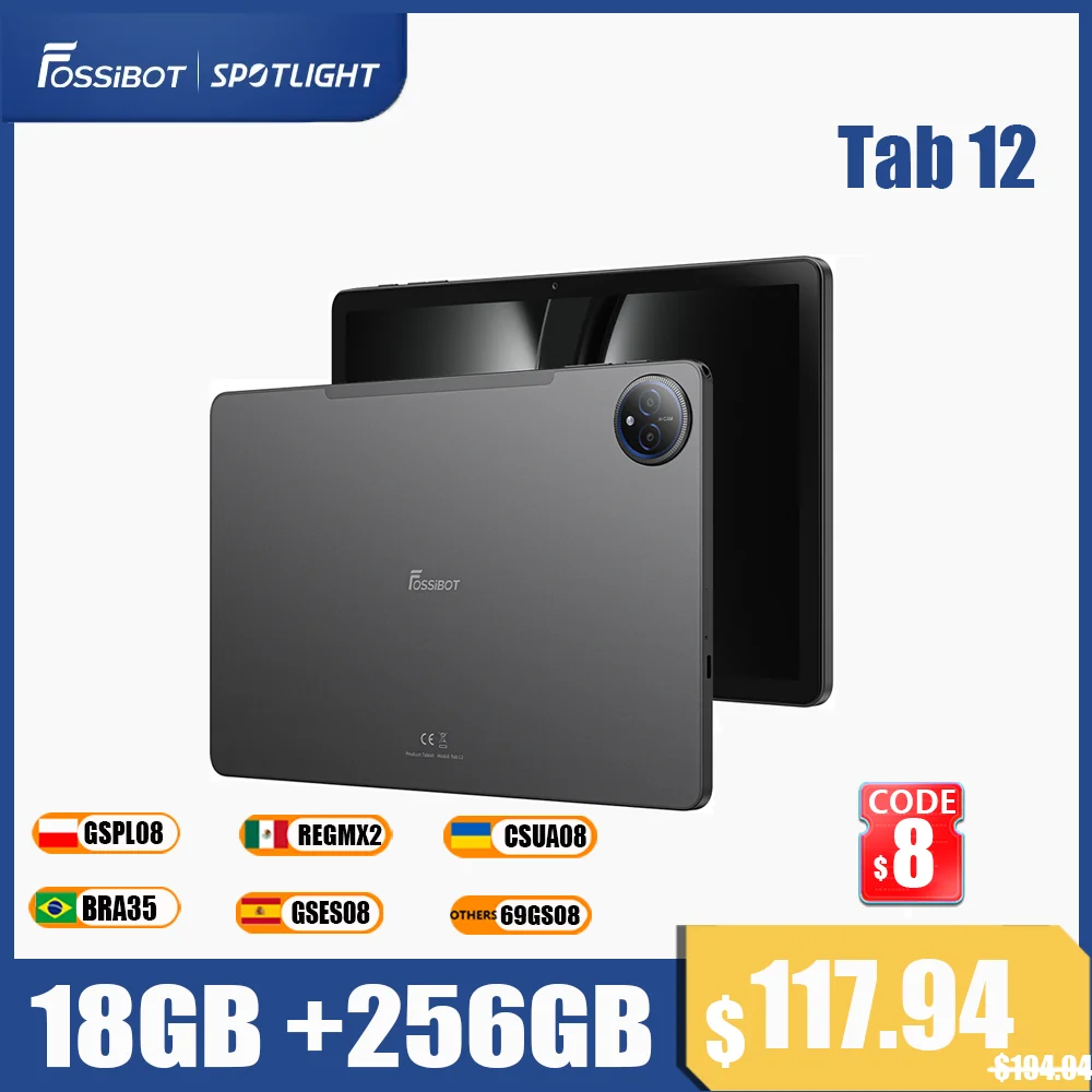 Fossibot 탭 12 10.95 인치 FHD 디스플레이 태블릿, 18GB RAM + 256GB ROM, 안드로이드 14 태블릿, 옥타코어, 1.6GHz, 7000mAh 배터리, 태블릿 PC