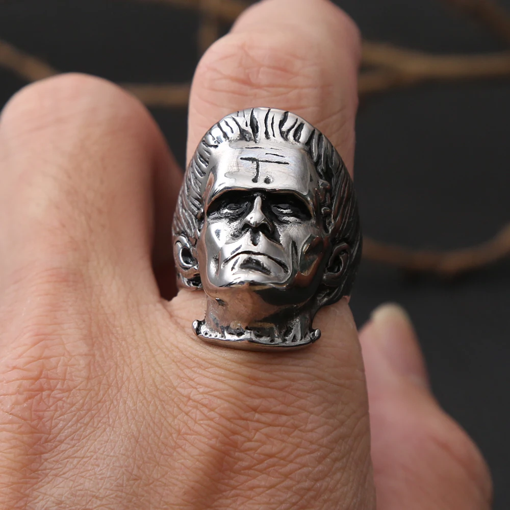 Science Fiction Goth Frankenstein Steel Rings For Men Punk Horror Scientist Biker Stainless Steel Skull Men Ring Fashion Jewelry