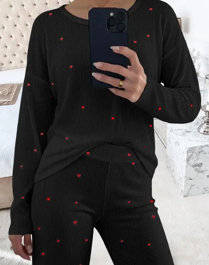 

Women's Pants Sets 2 Piece Pajama Set Female Fashion Heart Print Long Sleeve Round Neck Shirt & Casual Wide Leg Pants Lounge Set
