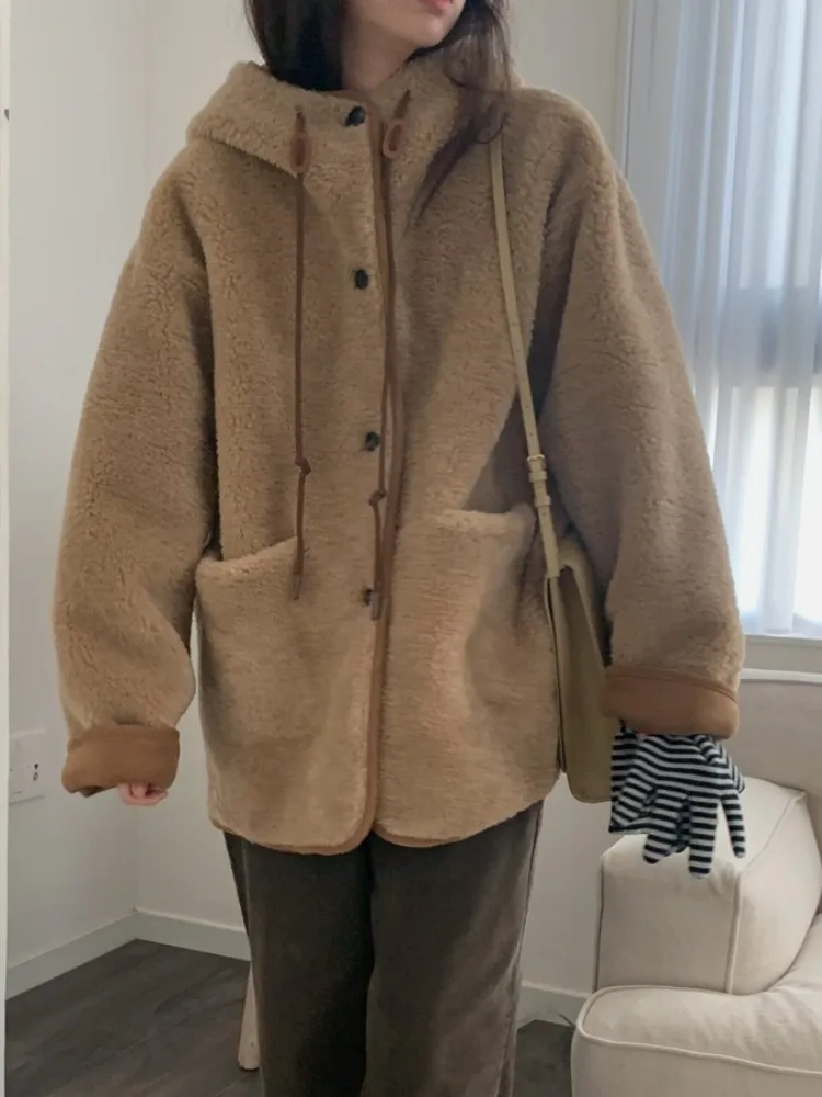 Retro sle pele e couro eepskin casaco feminino inverno novo duplo ket versátil algodão jaet dstring com capuz outerwear