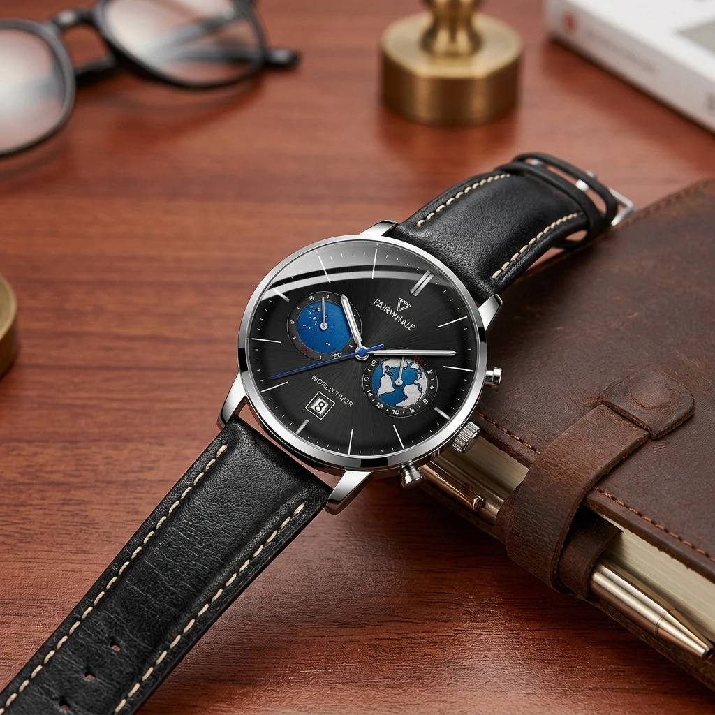 Mark Fairwhale Mens Wristwatch Moon Phase Calendar Display Multi Sub-dials Mesh Stainless Steel Strap Business Watch