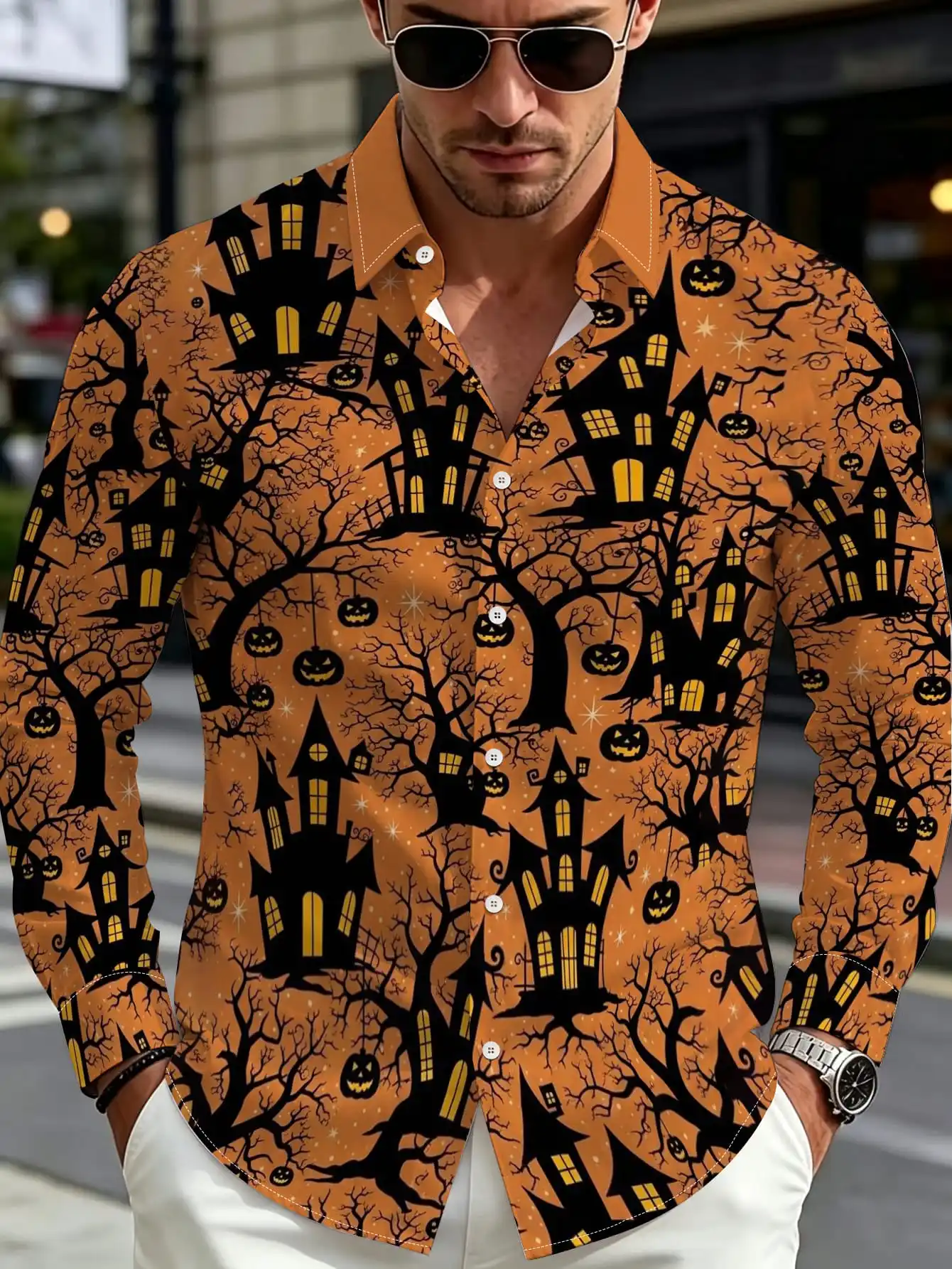 Men Long Sleeve Halloween Shirt Orange Haunted House Pumpkin Tree Print Lapel Collar Casual Top