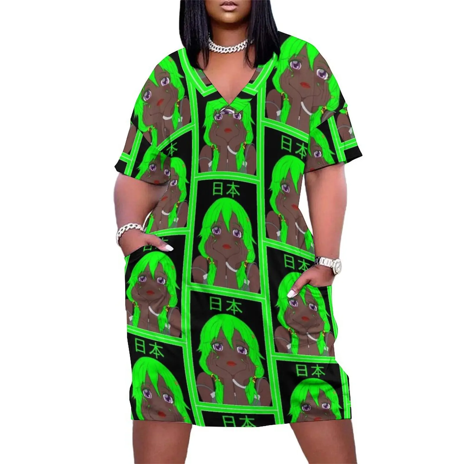 

Lime Colored Hair Anime Girl with Japanese Caption Loose Pocket Dress beach dress summer clothes for women dresses summer