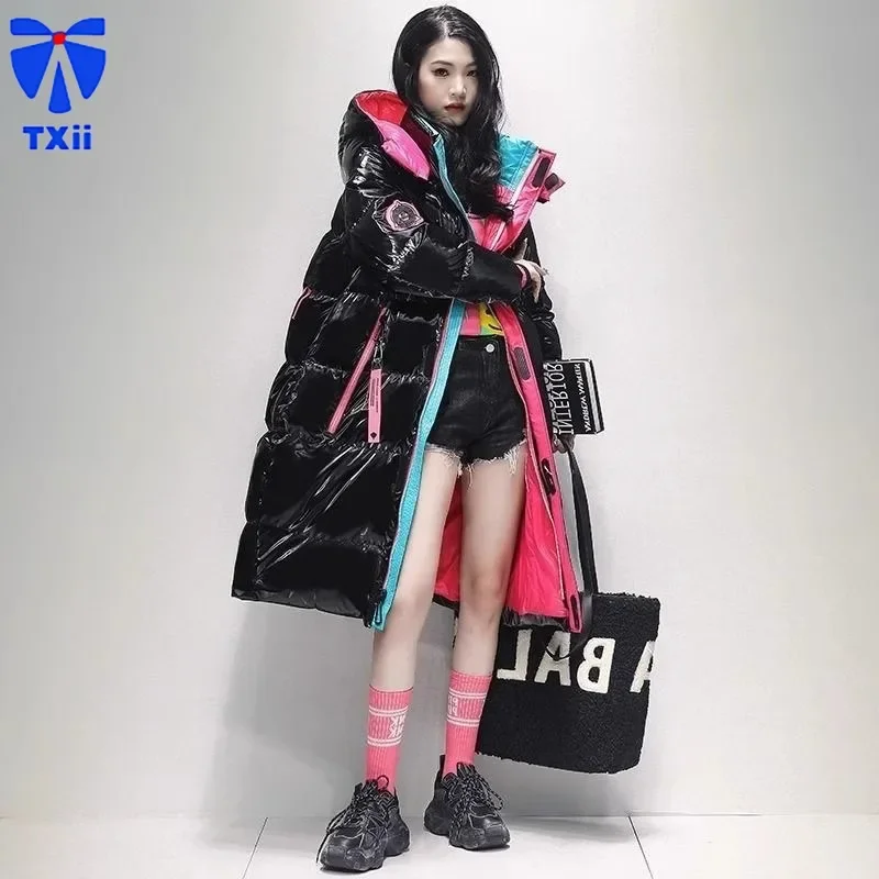 Winter Down Jacket Women White Duck Down Coats Loose Bright Fabric Long Parkas Fashion Patchwork Bread Jacket Casual Loose Parka