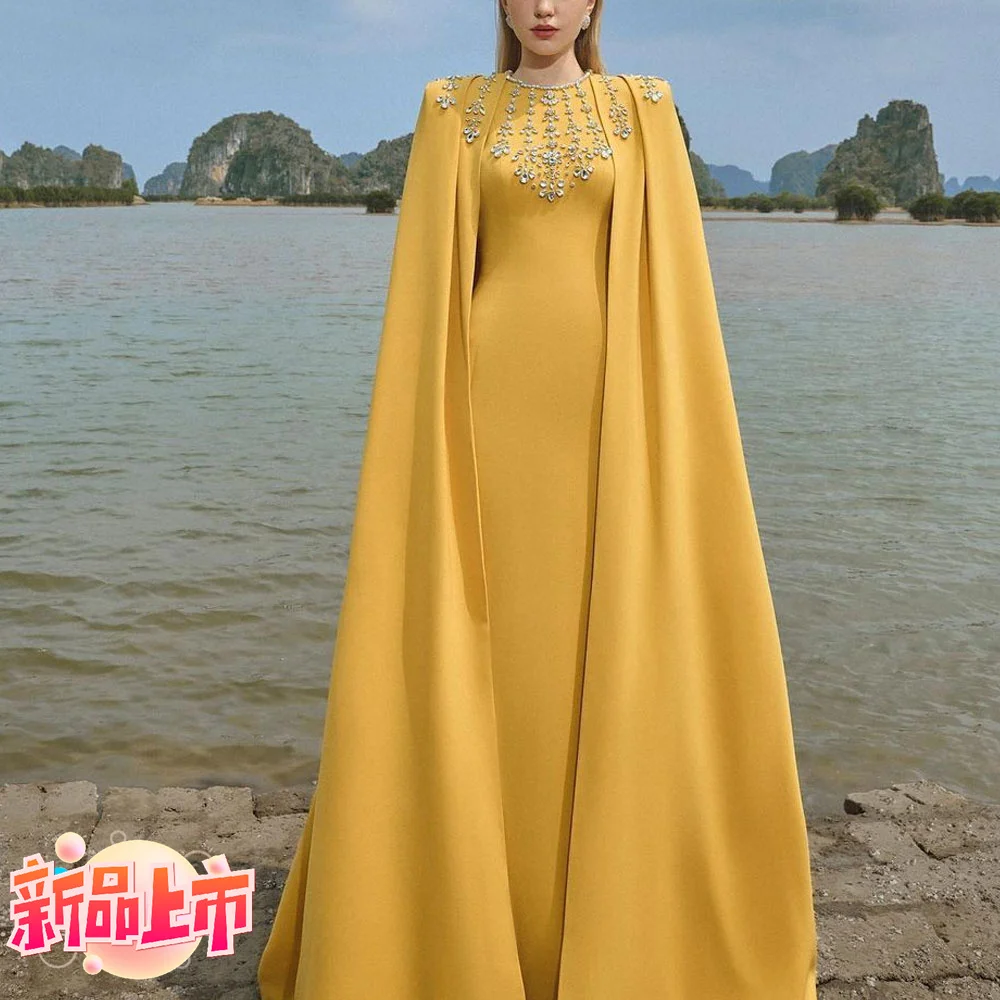 

Pandora Luxurious o-neck evening gown with Crystal Cape sleeves floor-length ball dress Arab women wedding party formal dress