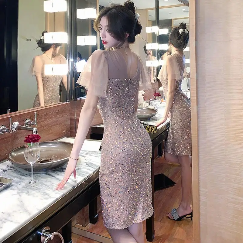 

Sexy Sparkling Slimming Split Bodycon Dr S6642023 Summer Cross-Border High Waist ort Sve Polyester Nylon Blend Fiber