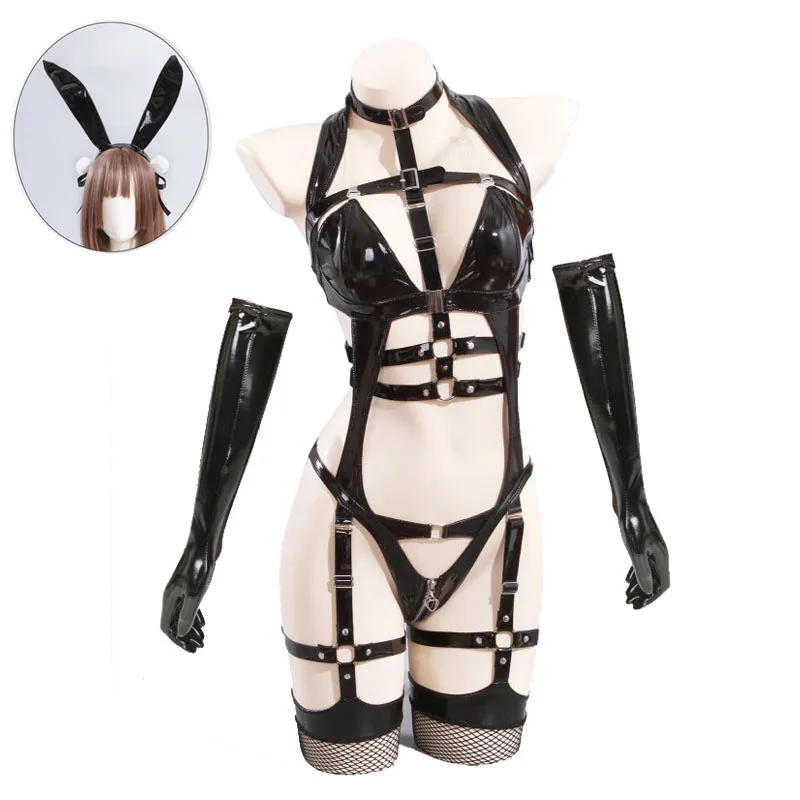 Restraint Bunny Girl Cosplay Costume Women Sexy Leather Bodysuit Gloves Socks Set Cute Rabbit Uniform Halloween Carnival Clothes
