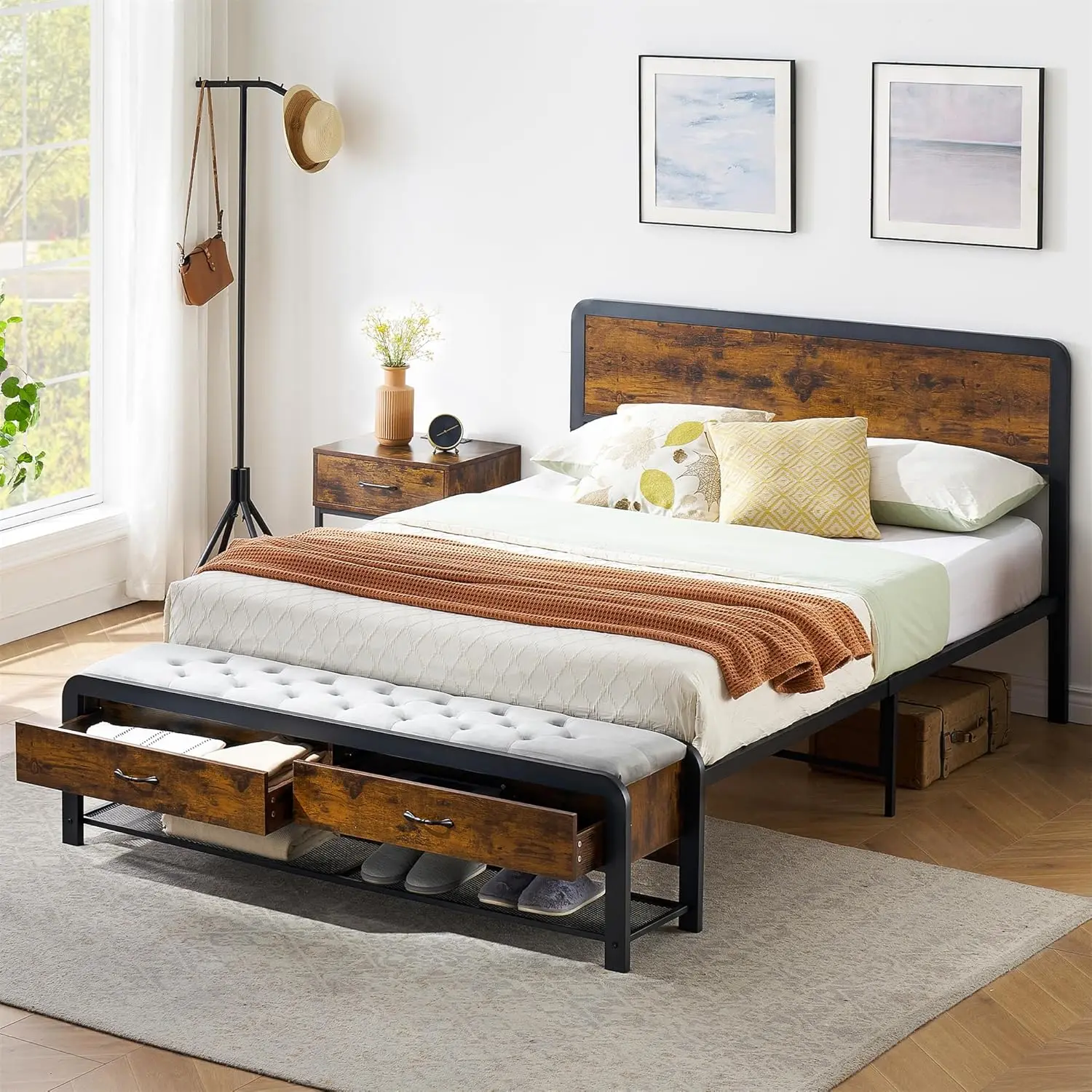 

Size Bed Frame with Wood Headboard and 2 Storage Drawers, Metal Platform Bed Frame Full with Heavy Duty Metal Slats Supports, No