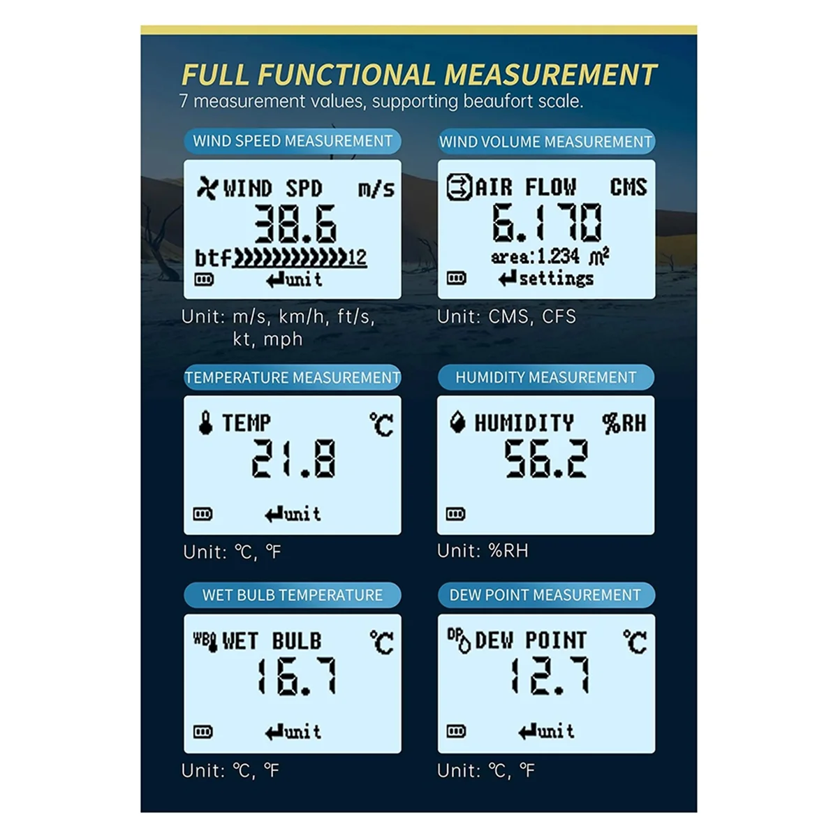 Owon Tuya 7-In-1 Digital Anemometer 0.6-40 M/S Rang WIFI Wind Meter Temperature Humidity Tester Speedometer Support Data Storage