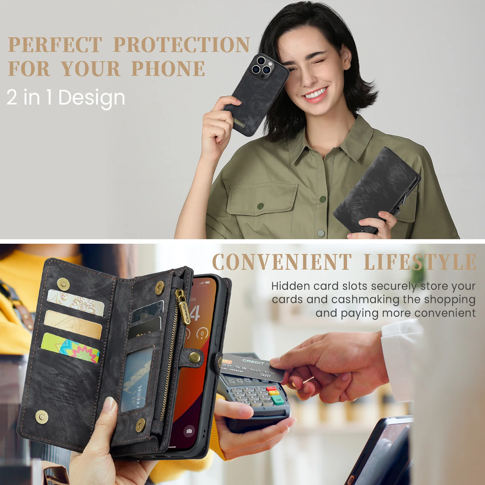 Magnetic Leather Zipper Card Holder Wallet Case For iPhone 16 Pro Max 15 14 13 12 11, Detachable Cards Bag Purse Phone Cover