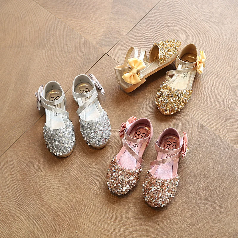 Summer Girls Sandals Sequin Flat New Children Infant Shoes Bow Princess Show Party Shoes Kids Girls Cool Sandal Gold Silver