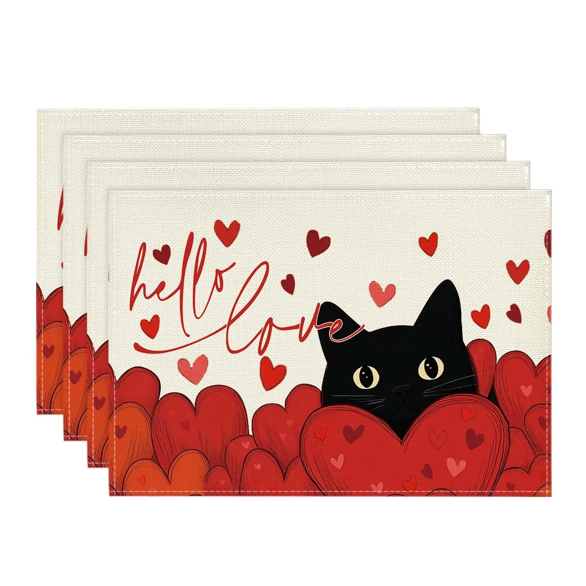 

Hello Love Heart Cat Valentines Day Placemats Set of 4,12x18 Inch Wedding Anniversary Table Mats for Party Kitchen Dining Decor