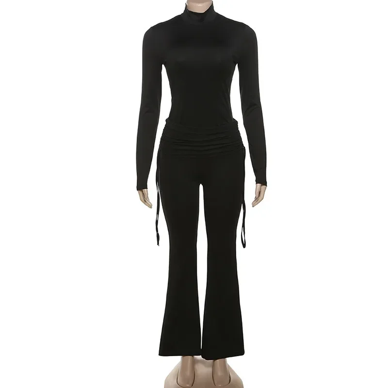 2024 Autumn Women Solid 2 Piece Set Tracksuits Turtleneck Long Sleeve T-shirt Top + Lapel Drawstring High Waist Flare Pants Suit