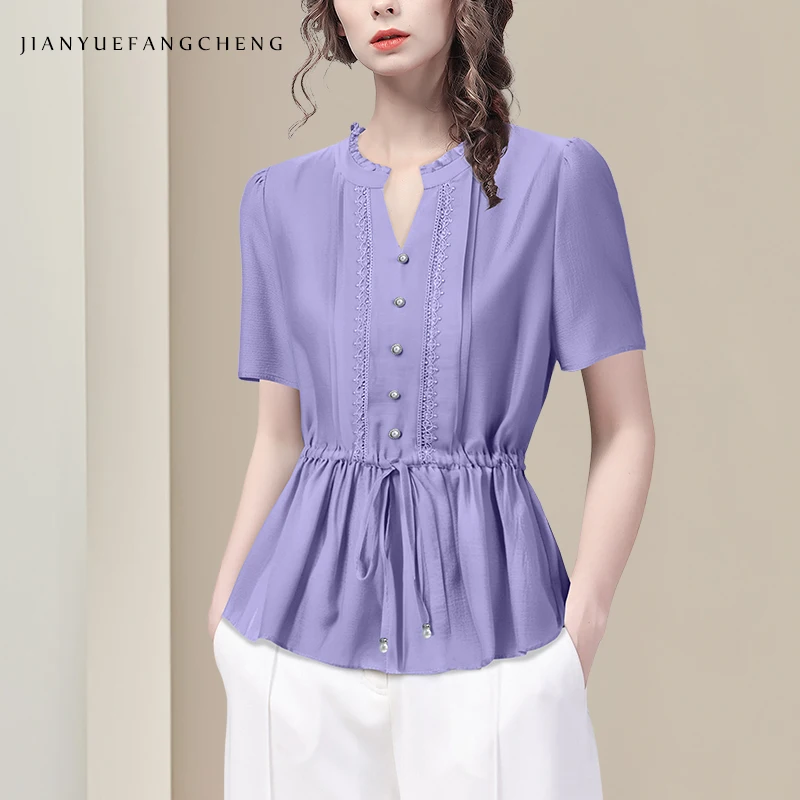 

2025 Summer Women' Short Sleeve Crew-neck Ruffled Blouse Elegant Slim Belt Lace-up Cute Casual Tops Button-down Shirts