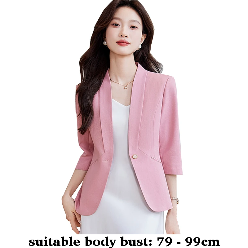 

High quality women blazer 3/4 sleeve slim jacket one button V neck autumn spring 2025 elegant office clothes pink blue beige