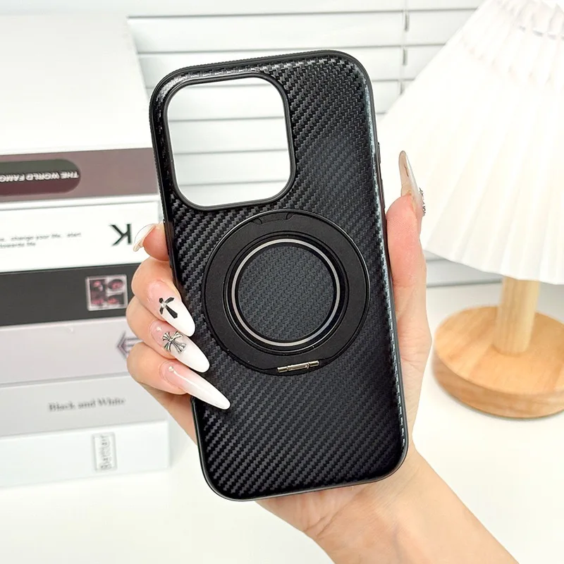 

Carbon Fiber Pattern Transparent Case For iPhone 14 15 16 17 Pro Max 360° Rotating Magnetic Damping Gear Bracket Protect Cover