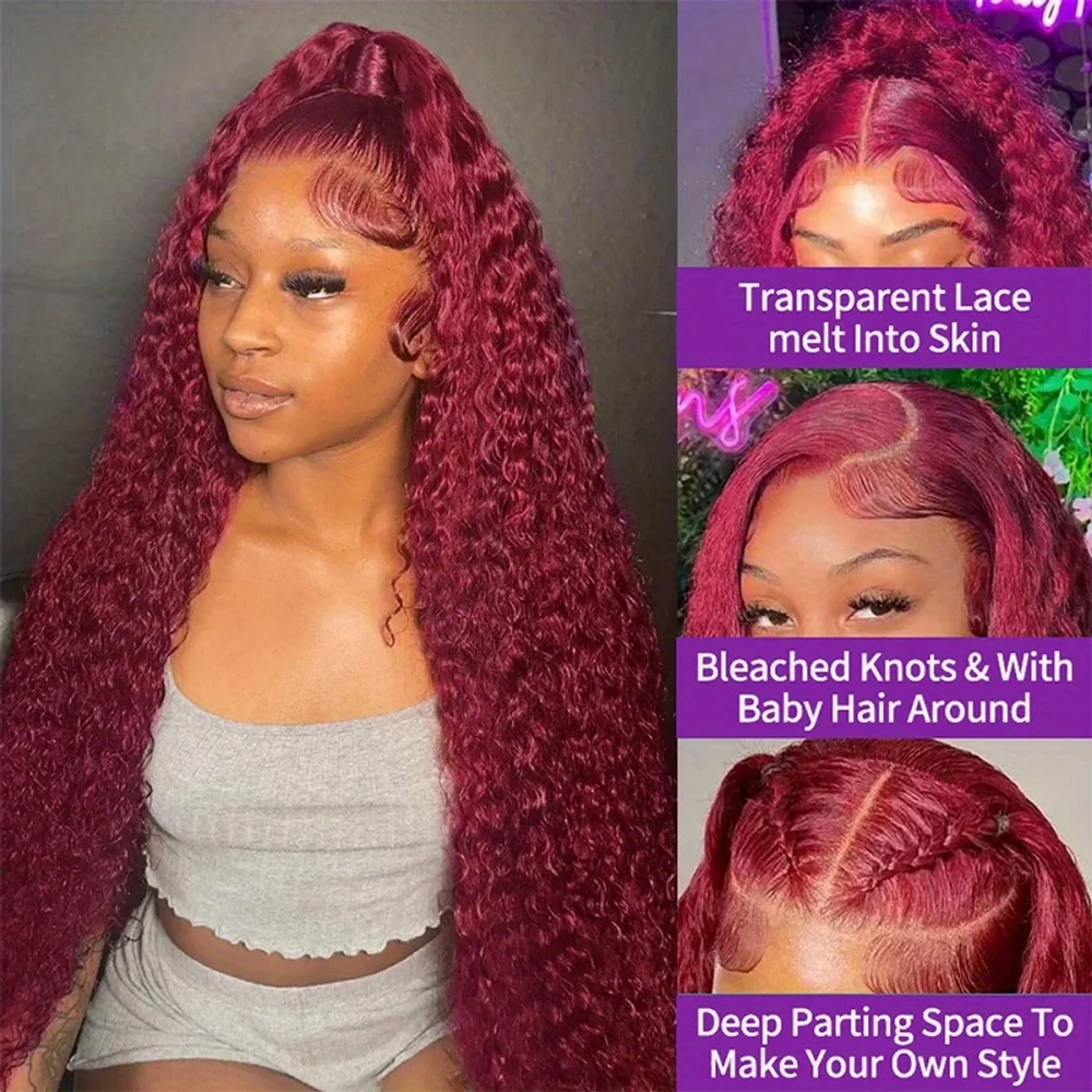 13x4 Deep Wave Lace Front Wigs Burgundy Wig Human Hair 99j Burgundy 30 Inch Human Hair Pre Plucked HD Transparent Lace Frontal Wigs for Black Women Wine Red Colored Wig 99J Burgundy Lace Front Wigs St image 5