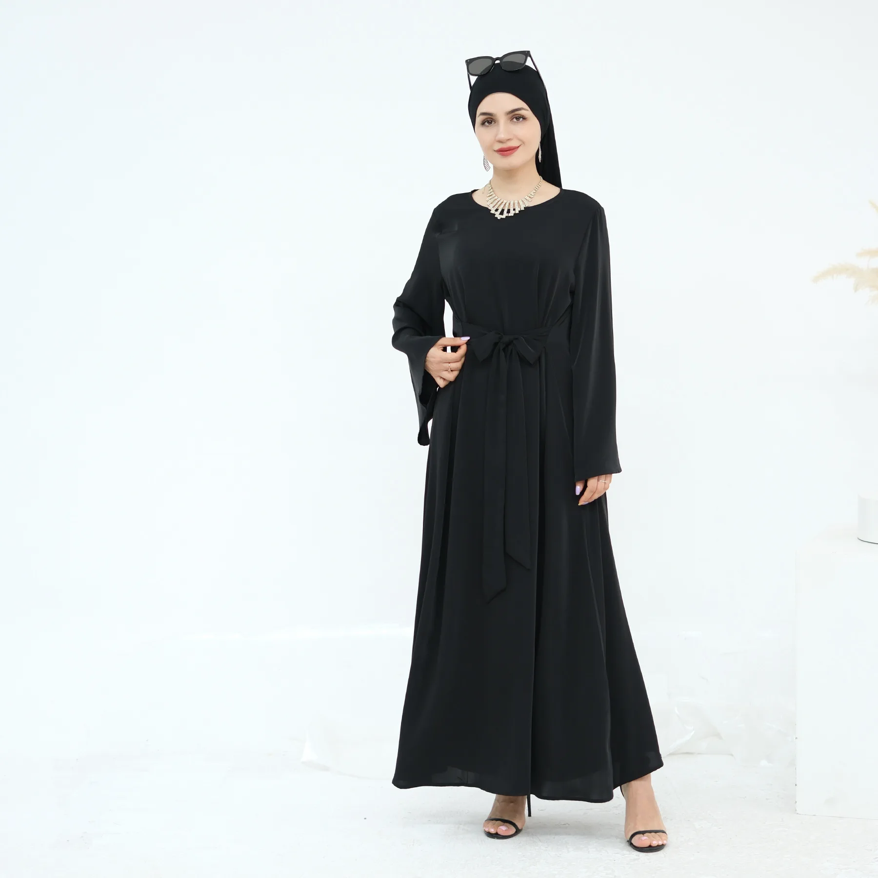 

Women Muslim Belted Dress Dubai Abaya Turkey Kaftan Ramadan Islam Clothing Jalabiya Robe Femme Musulmane Vestidos Eid Djellaba