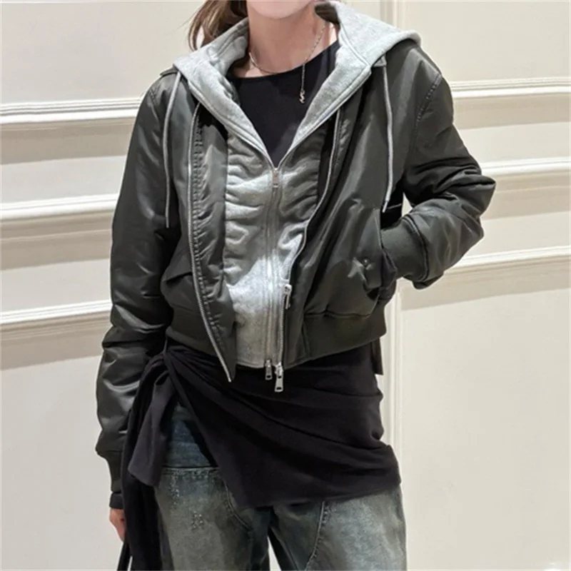 women's jacket New winter 2026 color blocking splicing Women's padded jacket fake two-piece hooded women's coat Bomber jacket