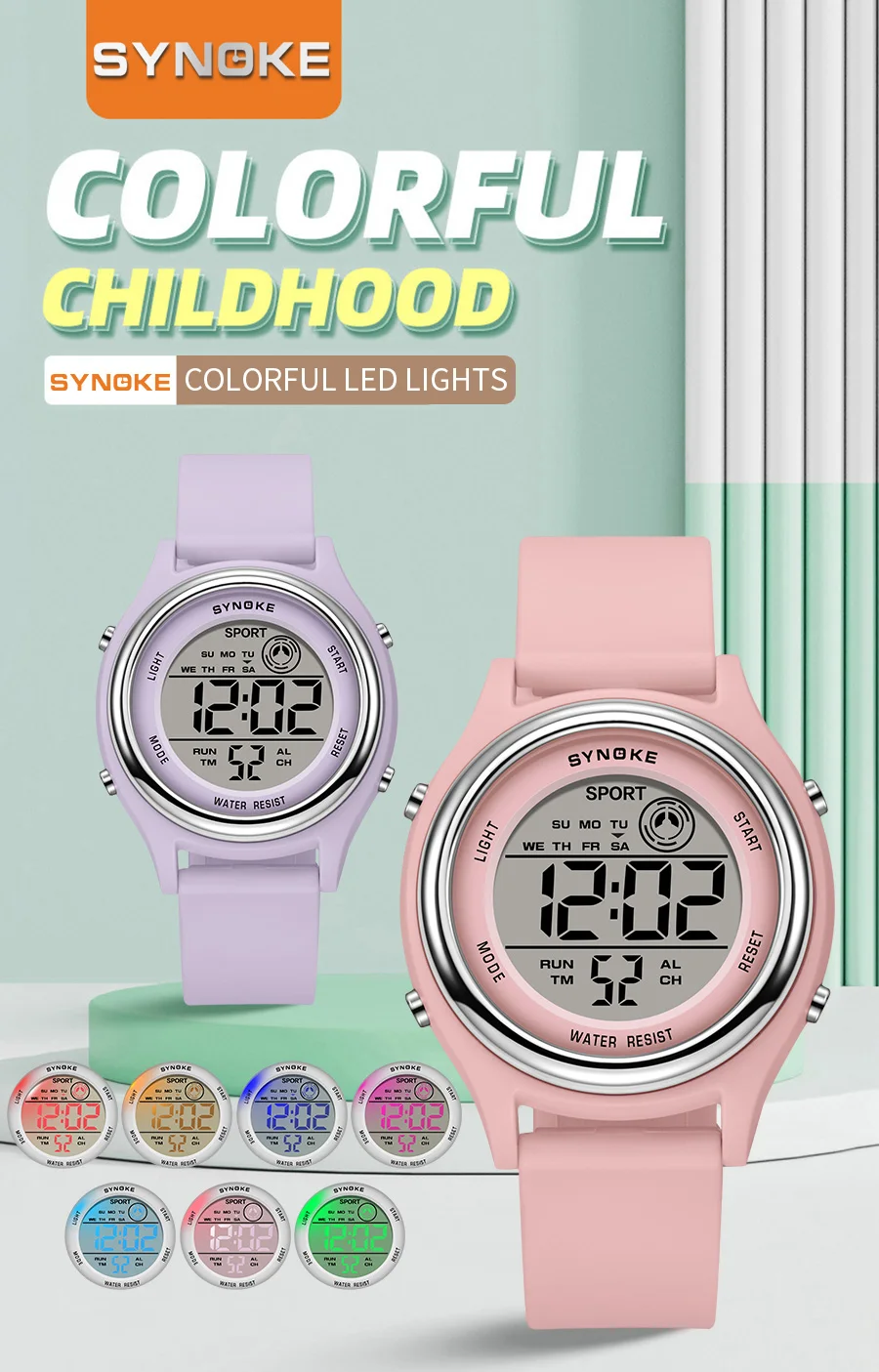 SYNOKE Bunte Kinderuhren mit sieben Lichtern, Sportstudenten, Digitaluhr für Kinder, wasserdichte elektronische Uhr, stoßfest – Detail 2