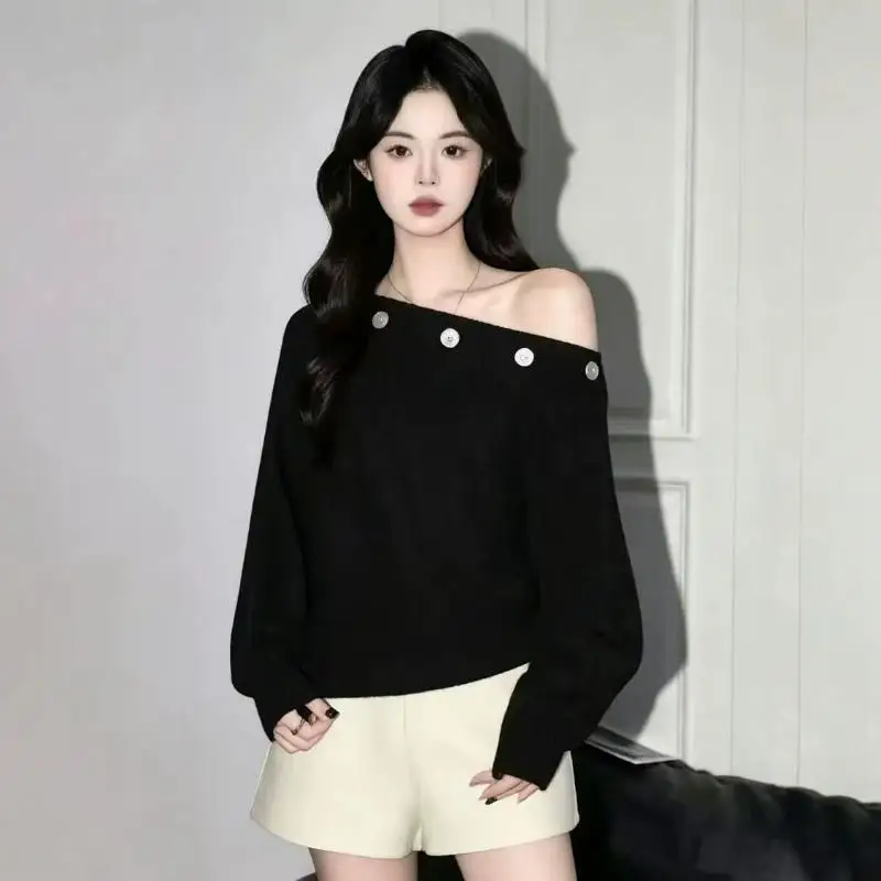 Autumnwinter New Women Clothing Korean Style Design Fashion Slant Shoulder Knitted Sweater Loose Lazy Style Long Sleeve Sweater