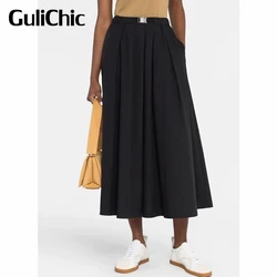 3.16 GuliChic Fashion 100% Cotton Solid Color High Waist Midi Skirt Women