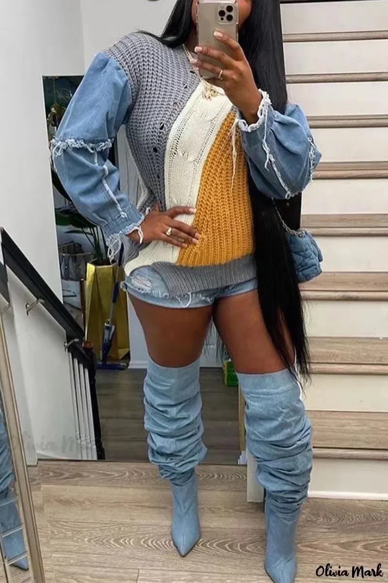 Fashion Women Denim Long Sleeve Knit Ribbed Patchwork Pullover Oversize Sweater Tops Outwear 2024 Autumn