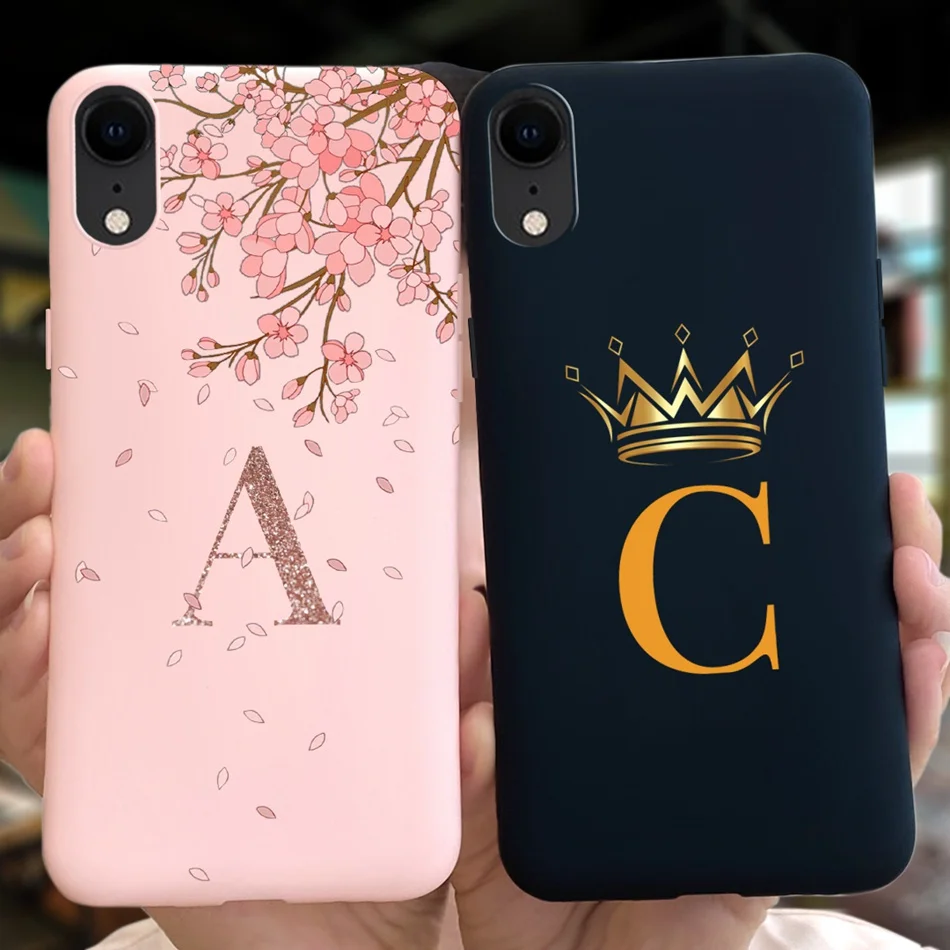 Fashion Crown Initial Letter Case For iPhone XR X XS Max Flower Pink Silicone Soft TPU Cover Cases For iPhoneX Xr iPhoneXS Xsmax