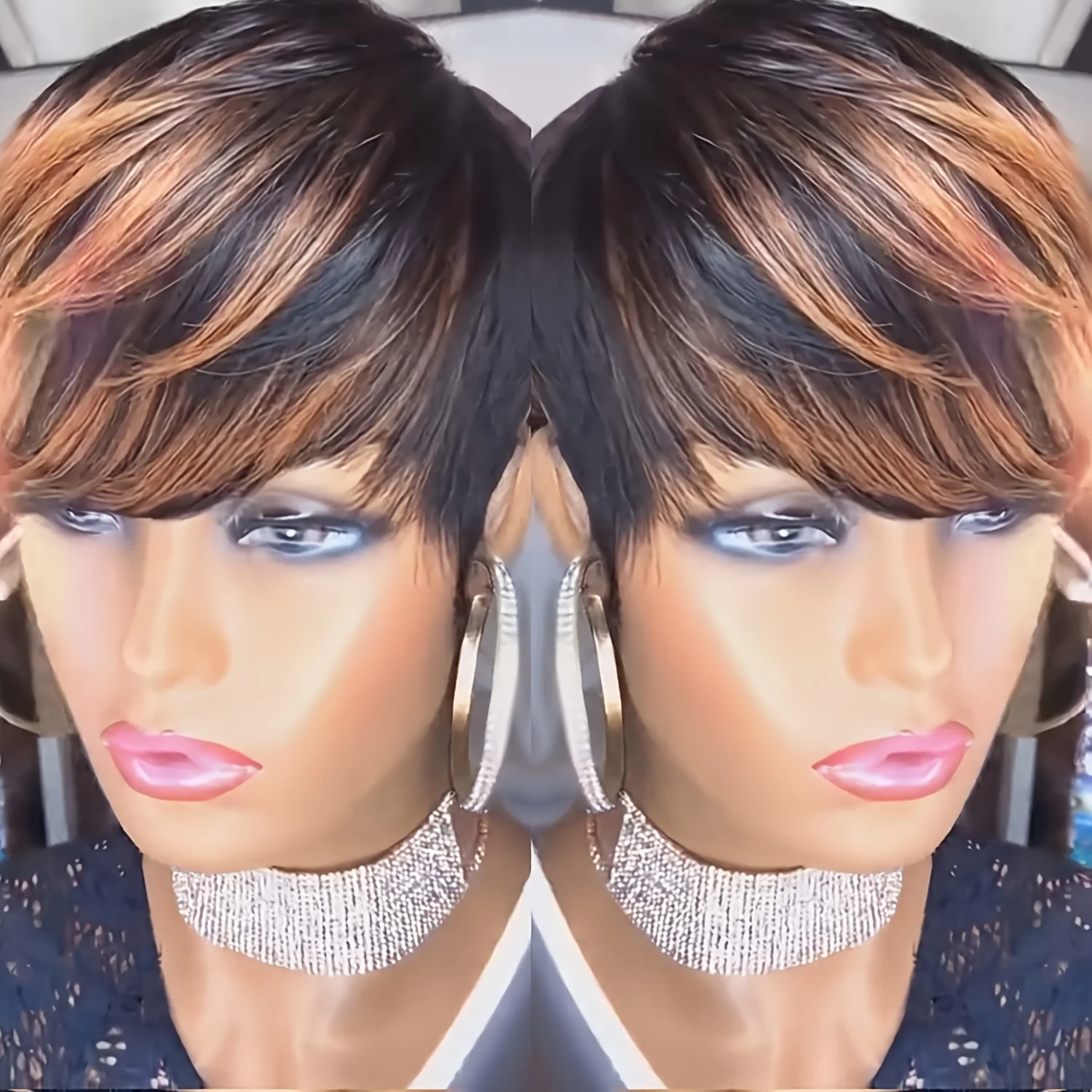 ショートオンブルブラウンウィッグ人毛女性用ショートピクシーカットウィッグ人毛機械製