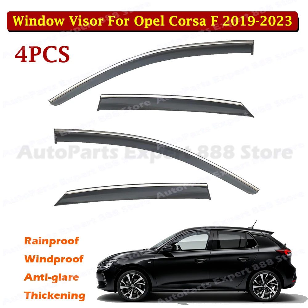4PCS PC Window Visor With Chrome Trim Rain Guard For Opel Corsa F 2019-2023 Side Wind Deflector Anti-UV Weather Shield