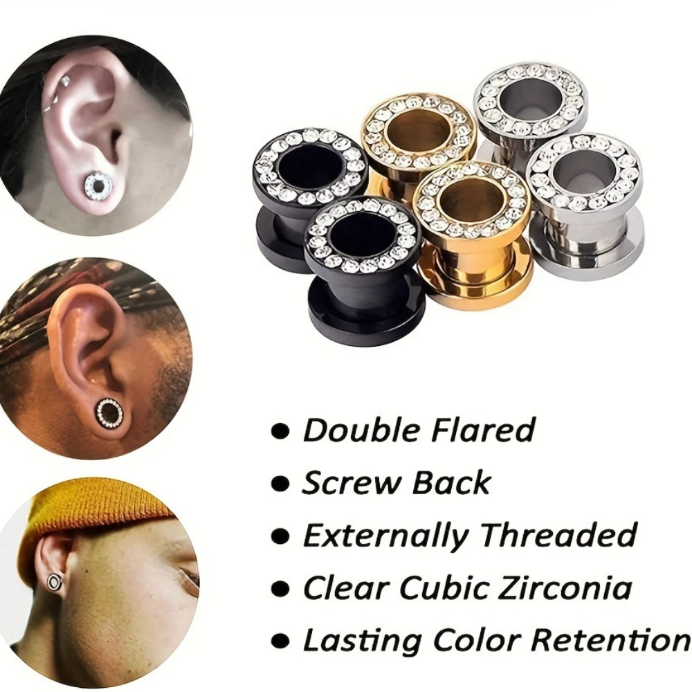 1 Pair Double Flare Stainless Steel Tunnel Specification Screw Gemstone Rhinestone Tunnel Plug Tensioner Jewelry 8G-5/8"