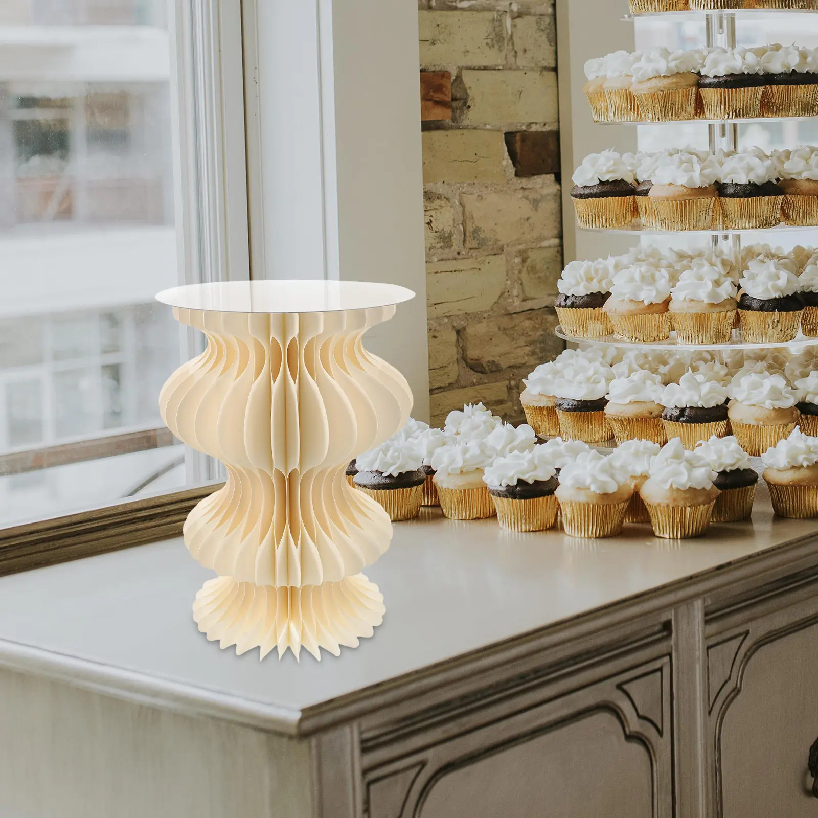 

Foldable Pedestal Buffet Riser Cardboard Tall Cylinder Cake Stand Party Wedding Cupcake Display Dessert Table 40x25cm