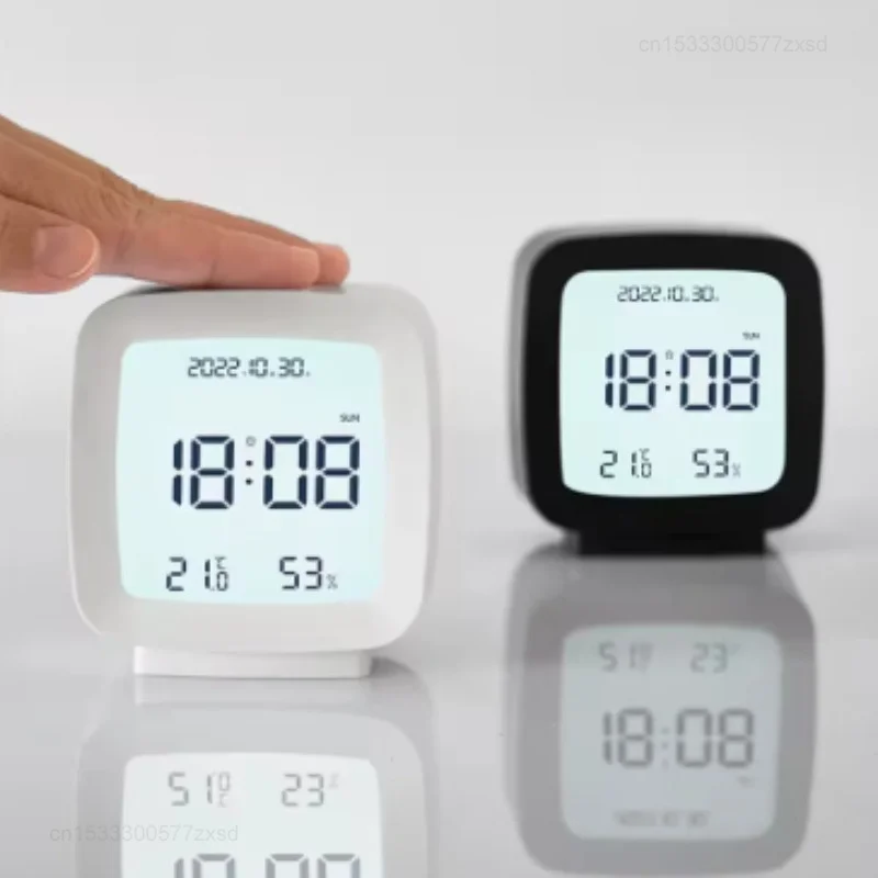 Mini Alarm Clock with Backlight Battery Operated LCD Display Temperature Humidity Monitor Electronic LED Table Clock Wall Clock