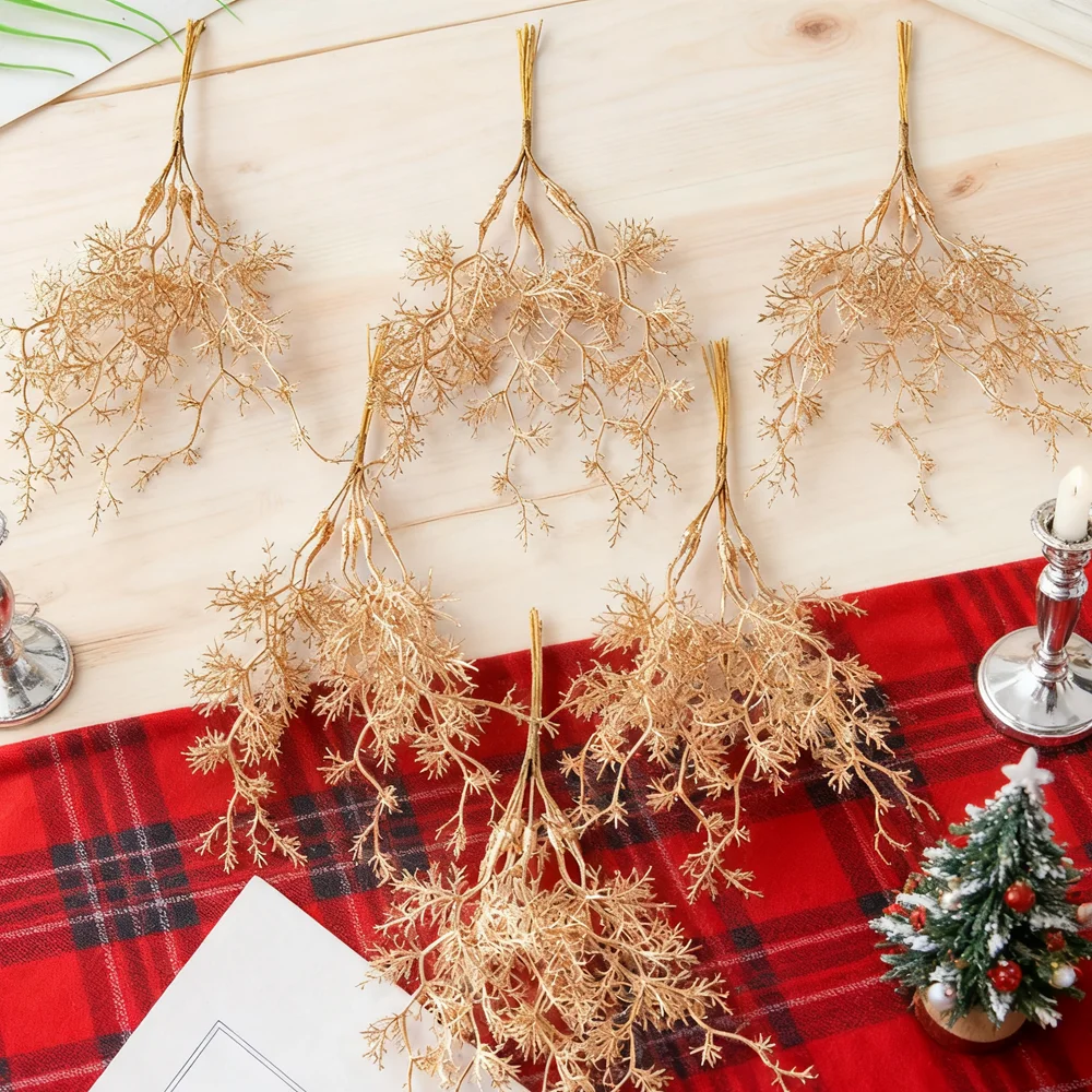 6 Teile/paket Künstliche Pflanzen Goldene Silbrig Gefälschte Zweig Weihnachten Baum Zubehör Hause Hochzeit Bogen Dekoration Box Sammelalbum Diy