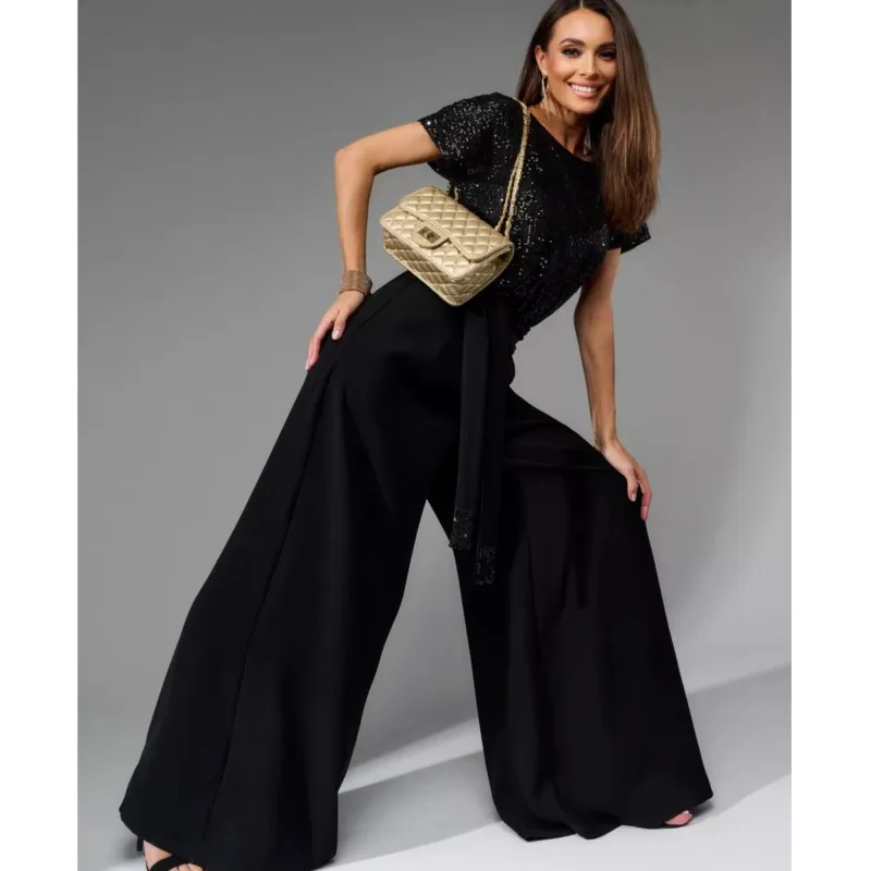 Women's Fashion Sequin Patchwork Jumpsuits 2025 New Casual O-Neck Tie High Waist Jumpsuit Elegant Short Sleeve Jumpsuit