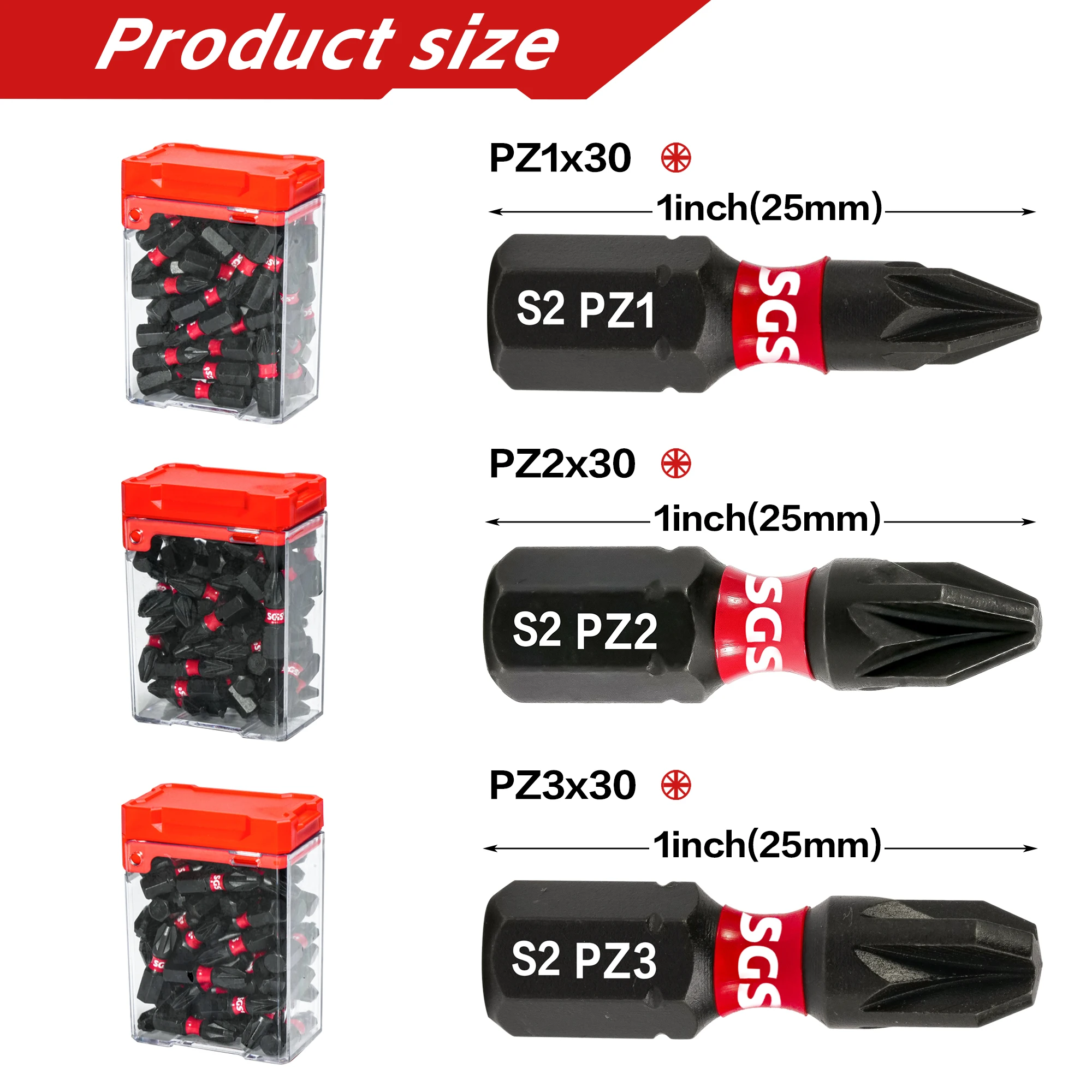 30PCS Pozidriv Screwdriver Bits PZ1 PZ2 PZ3 Options, 25mm S2 Steel Impact Driver Bits, 1/4