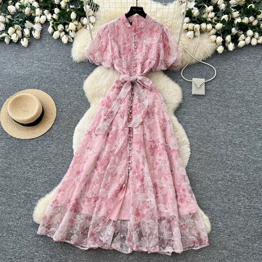 Luxury Sequin Embroidery Party Formal Dresses Women Elegant Stand Collar Puff Sleeve Floral Self Tie Waist Mesh Lace Long Dress