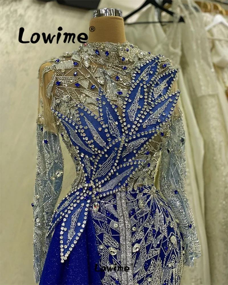 Royal Blue Arabic Dubai Evening Dresses Women Aso Ebi Crystals Mermaid Prom Dress Sequined Formal Party Second Reception Dresses