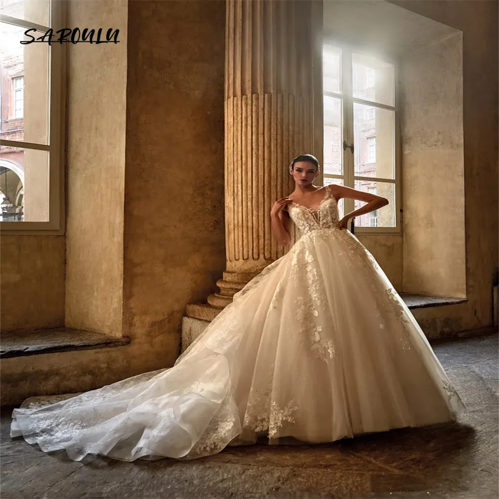 

Luxury Spaghetti Straps Lace Wedding Dress Royal Floor-length Pricess Bridal Gown Romantic Vestidos De Novia