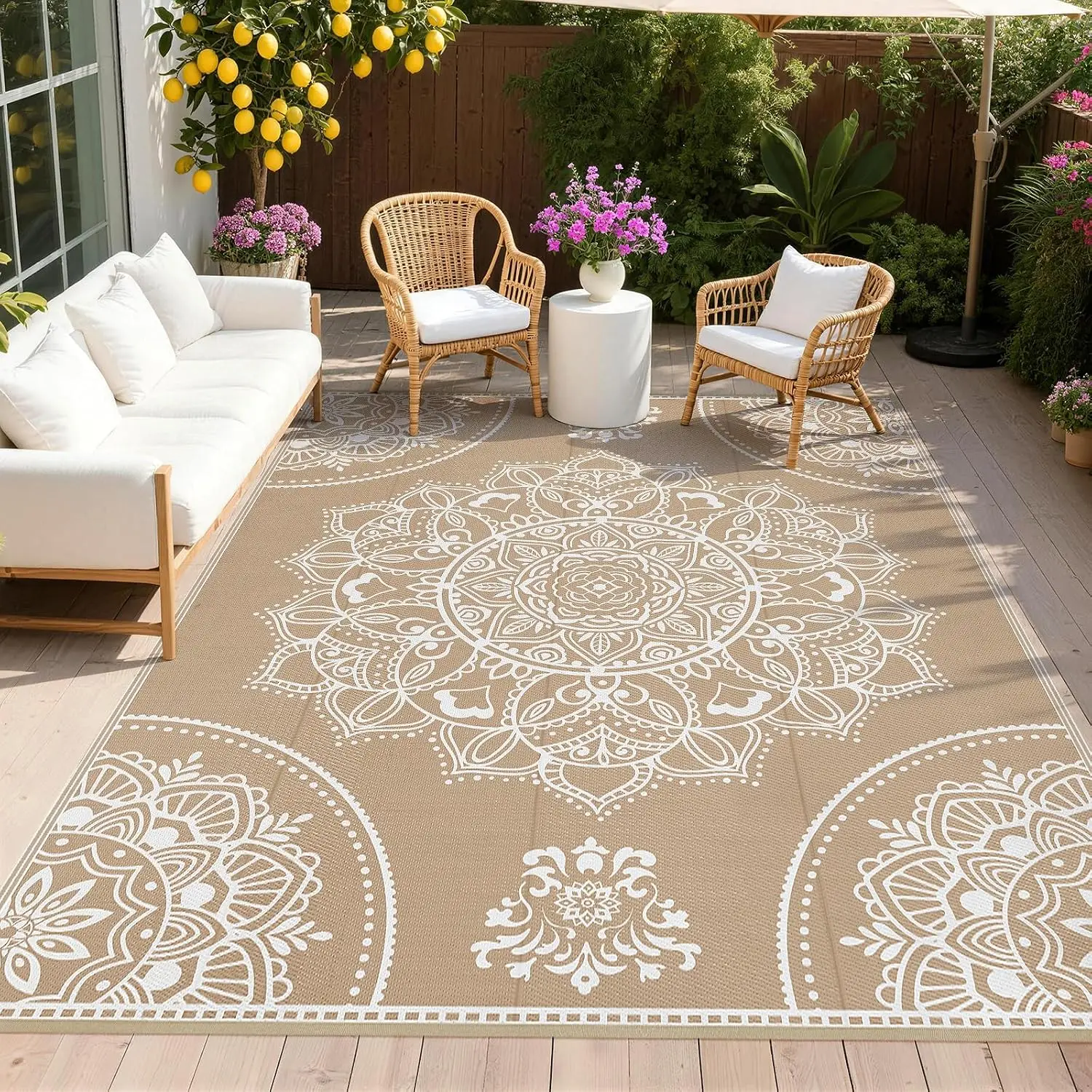 Waterproof Outdoor Rug 9x12, Plastic Straw Patio Mat, Floral Brown | Reversible Camping Rug, UV Resistant Indoor Outdoor RV Mat