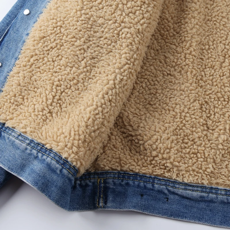 Sherpa-gefütterte Jeansjacke mit Patchwork-Kordkragen, Fleece-Cargojacken für Herren, Vintage-Waschung, Oversize-Warm-Jeansmantel für den Winter – Detail 10