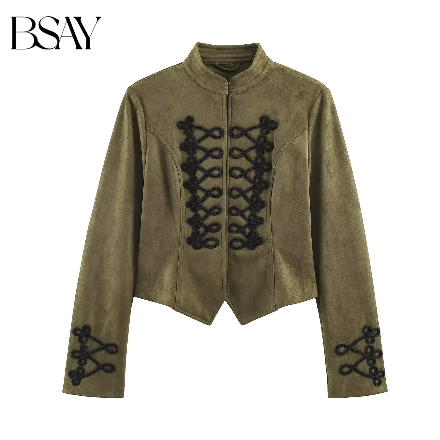 BSAY Women Western Retro Faux Suede Short Jacket Mandarin Collar Handmade Knot Embroidery Slim Irregular Long Sleeve Outerwear