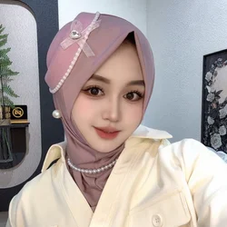 Elegant Muslim Hijab Hat for Ladies Fashionable Headwear Cover for Women With Pearl Necklace