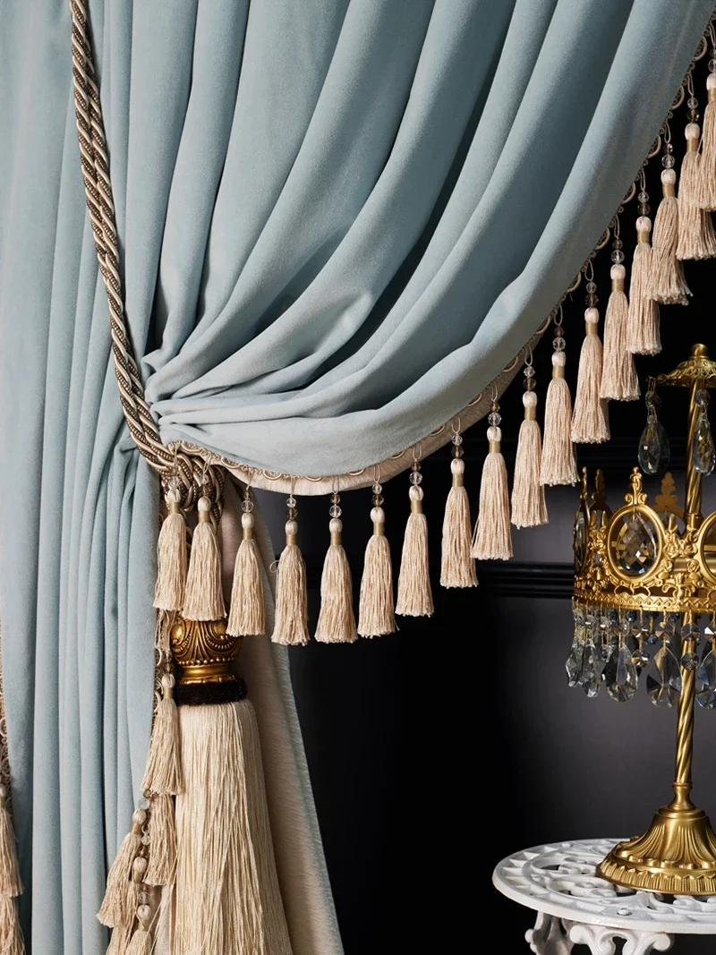 Water Blue Long Tassel Splicing Velvet Thickened Blackout Curtains for Living Room Bedroom French Window Villa Customization 1PC