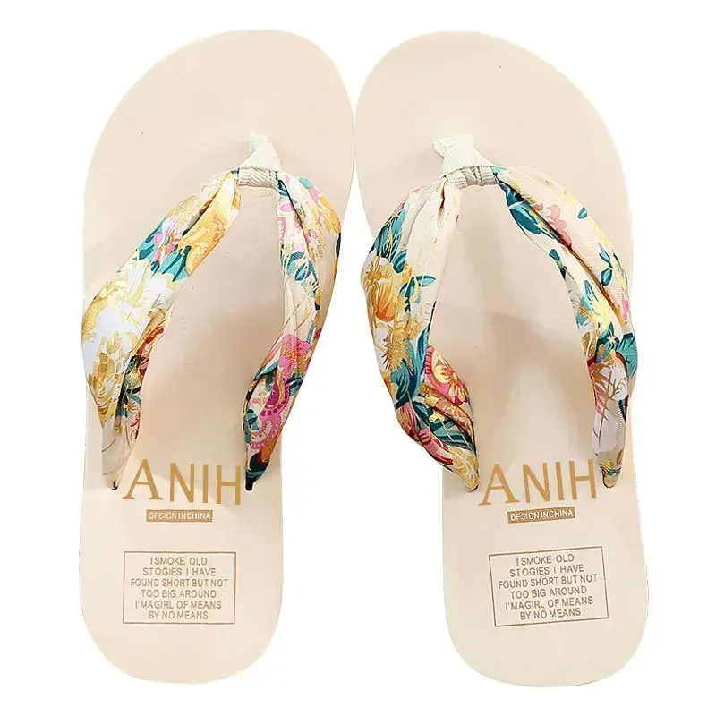 Summer Floral Printing Slippers Women Bohemian Satin Strap Platform Wedge Flip Flops Outdoor Thick Bottom Beach Shoes Thick heel