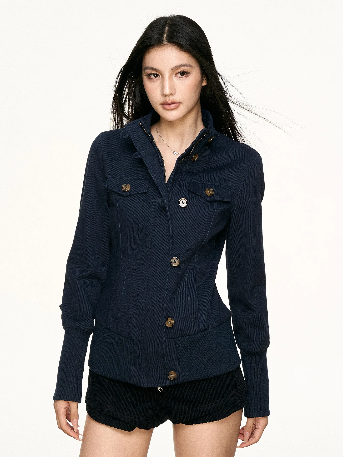 Aaisup American Retro Stand Collar Workwear Jacket Women's Spring Autumn Slimming Short Decorative Button Ladies Top
